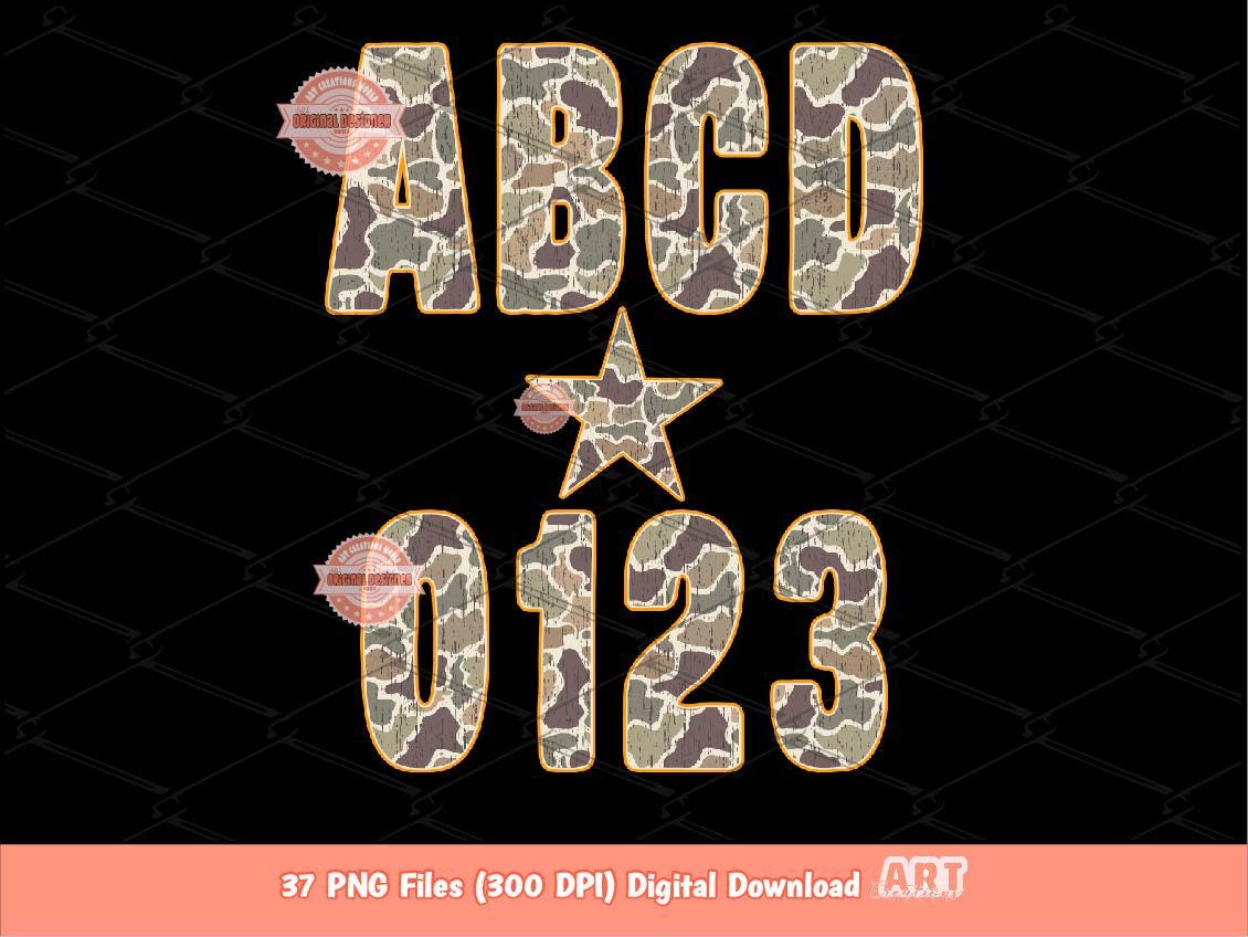 Grunge Camo Alphabet PNG: Hunting Army Letters & Numbers Orange Outline Clipart (Digital Download)