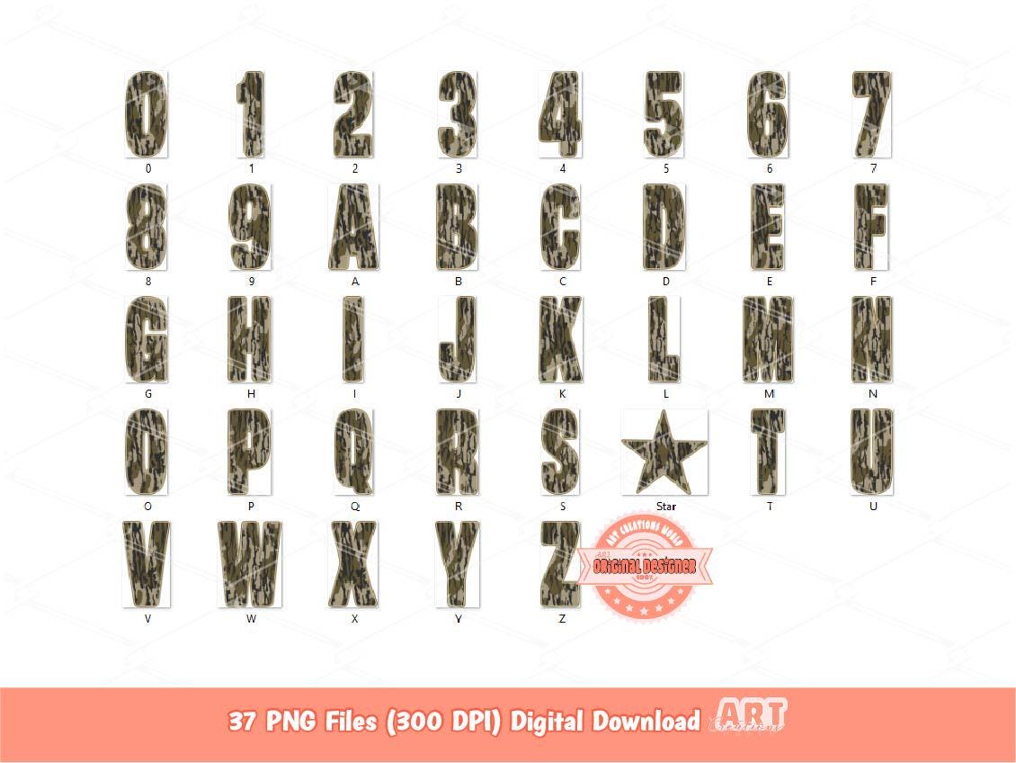 Bottomland Camo Alphabet PNG, Hunting Army Letters & Numbers Clipart (Digital Download)