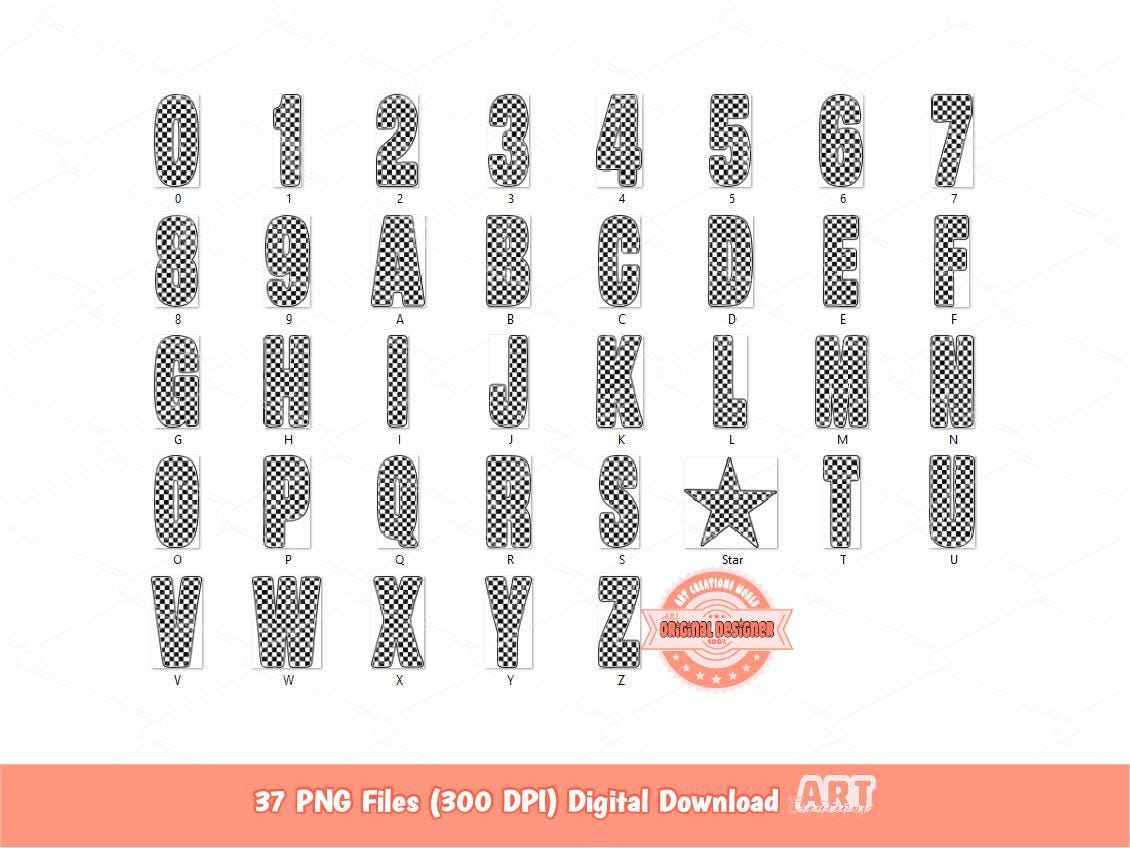Grunge Checkered Alphabet PNG, Black White Letters & Numbers Clipart (Digital Download)