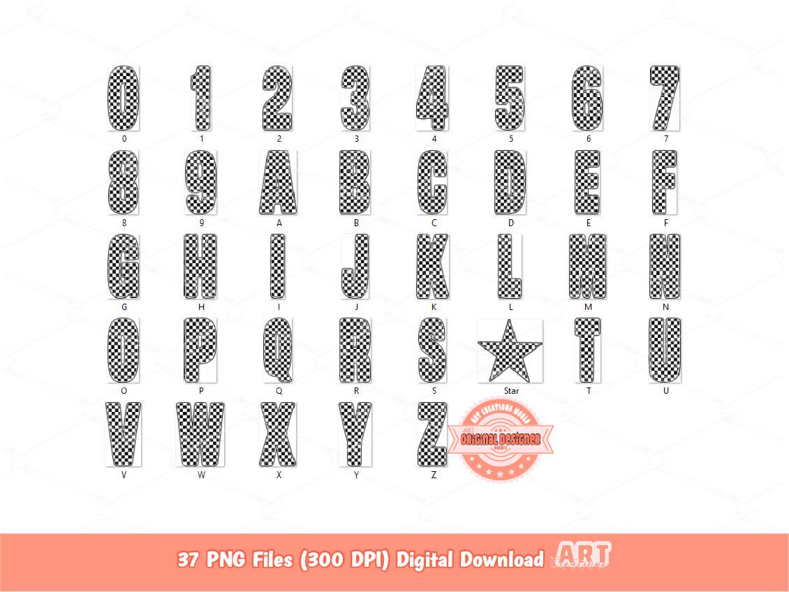 Grunge Checkered Alphabet PNG, Black White Letters & Numbers Clipart