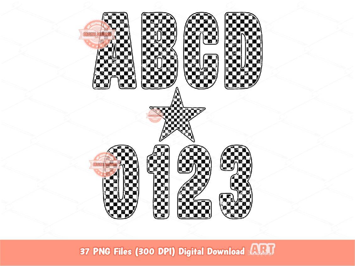 Grunge Checkered Alphabet PNG, Black White Letters & Numbers Clipart (Digital Download)