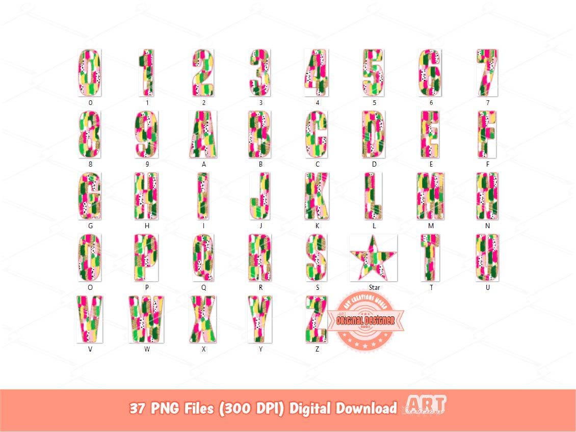 Colorful Brushstroke Alpha PNG, Preppy Letters & Numbers Clipart (Digital Download)