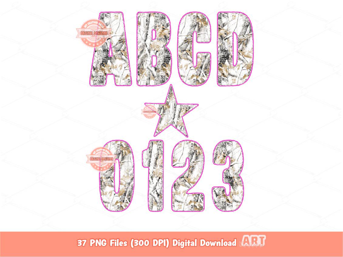 Winter Camo Alphabet PNG, Pink & Gray Hunting Letters and Numbers Clipart (Digital Download)