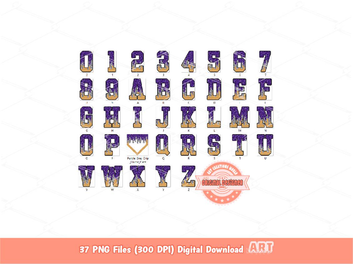 Drippy Purple & Grey Baseball Alphabet Home Plate PNG Bundle: Sports Letters Clipart (Digital Download)