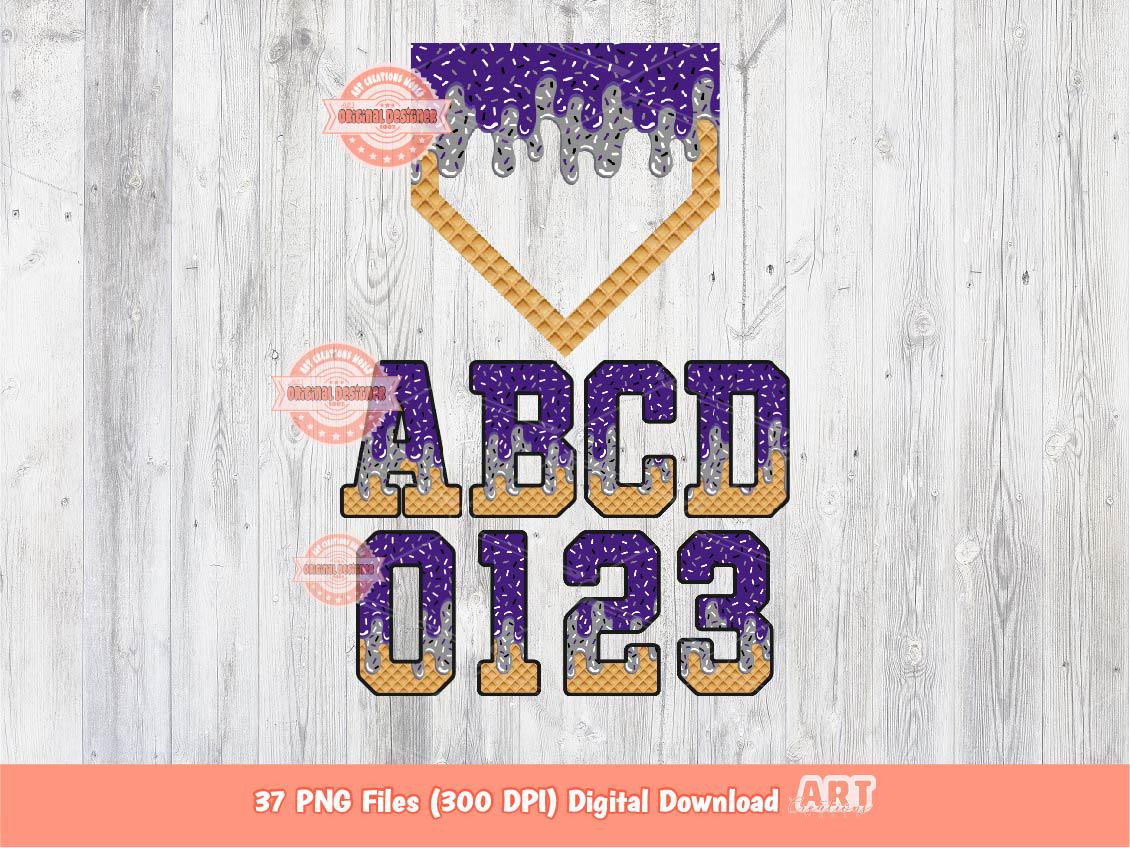 Drippy Purple & Grey Baseball Alphabet Home Plate PNG Bundle: Sports Letters Clipart (Digital Download)