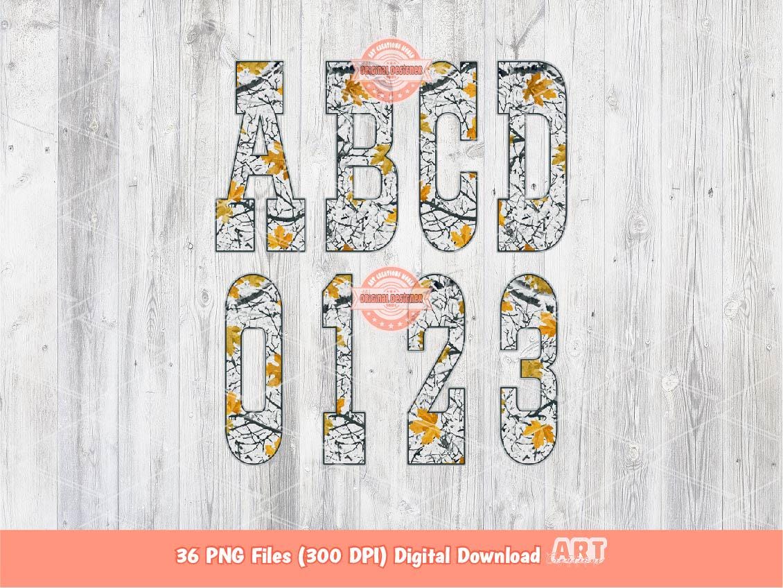 Gray Winter Camo Alphabet PNG: Hunting Army Western Letters & Numbers Clipart (Digital Download)