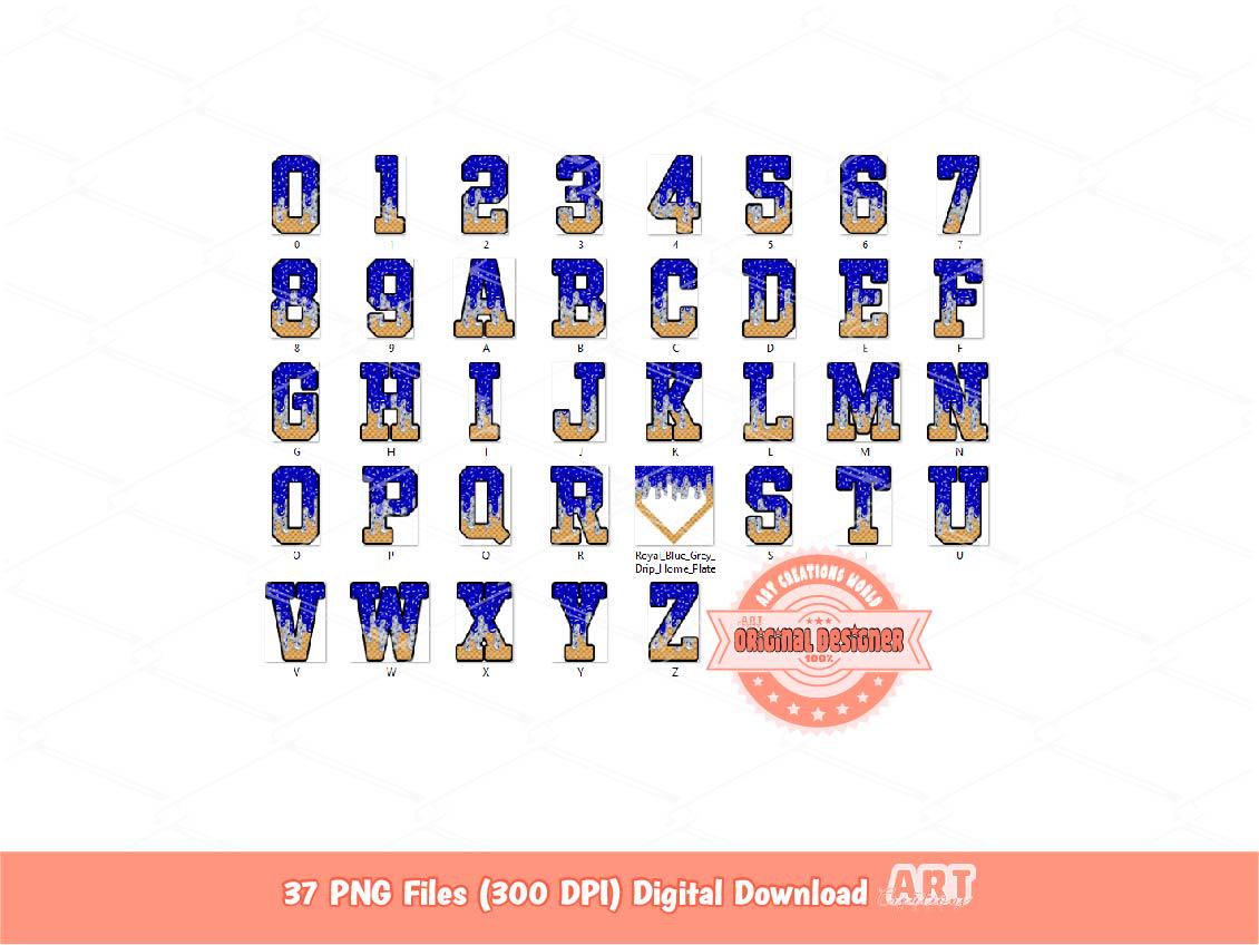 Drippy Varsity Alphabet PNG Bundle, Royal Blue Grey Letters, Numbers, Home Plate clipart
