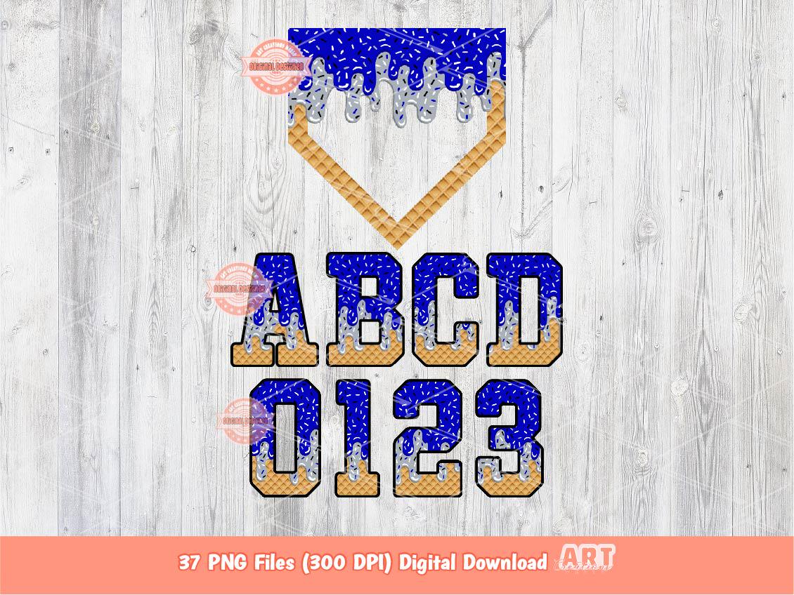 Drippy Varsity Alphabet PNG Bundle, Royal Blue Grey Letters, Numbers, Home Plate clipart