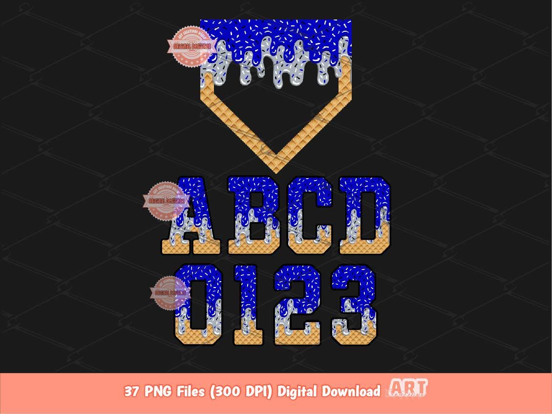 Drippy Varsity Alphabet PNG Bundle, Royal Blue Grey Letters, Numbers, Home Plate clipart