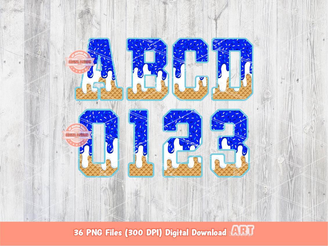 Drippy Varsity Alphabet PNG: Royal Blue White Letters & Numbers Clipart (Digital Download)