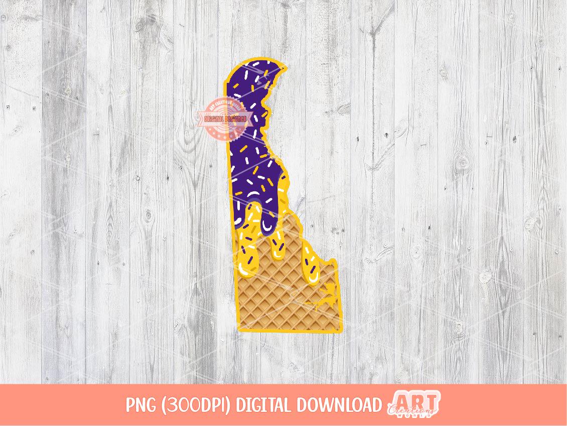 Delaware State Drip PNG: Purple Gold Waffle Cone Ice Cream Sublimation Shirt Design (Digital Download)