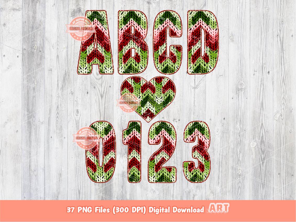Christmas Faux Yarn Alphabet PNG, Red and Green Crochet Letters & Numbers Clipart (Digital Download)