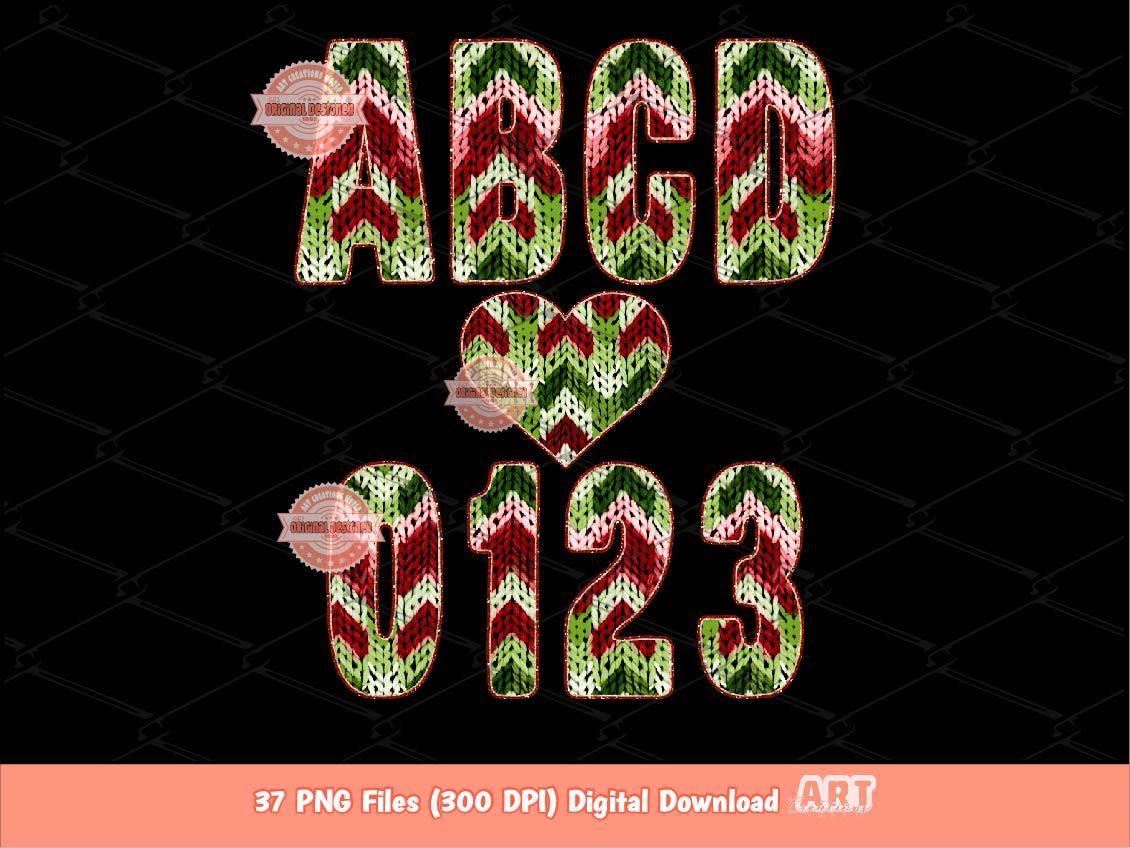 Christmas Faux Yarn Alphabet PNG, Red and Green Crochet Letters & Numbers Clipart (Digital Download)