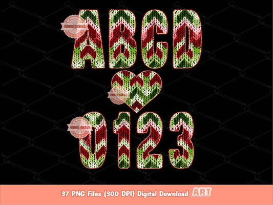 Christmas Faux Yarn Alphabet PNG, Red and Green Crochet Letters & Numbers Clipart (Digital Download)