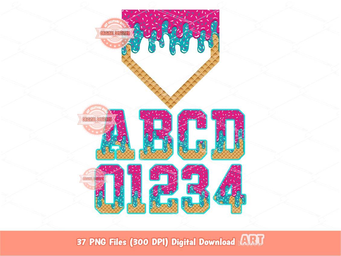 Pink Teal Drip Alphabet PNG Bundle: Ice Cream Sports Letters & Numbers Clipart (Digital Download)
