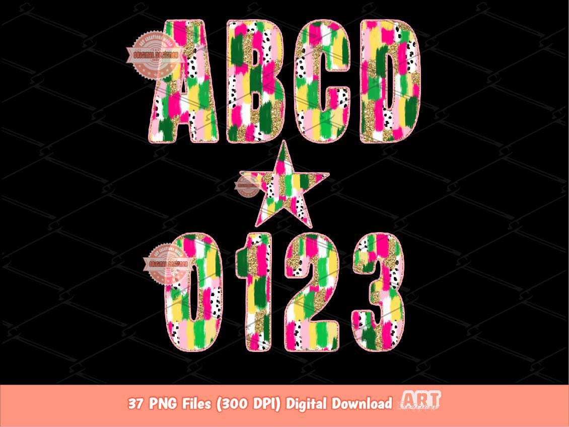 Colorful Brushstroke Alpha PNG, Preppy Letters & Numbers Clipart (Digital Download)