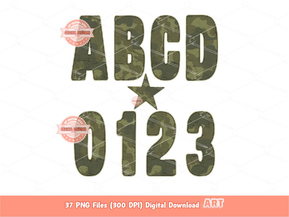Retro Camo Alphabet PNG: Hunting Army Letters & Numbers Clipart (Digital Download)
