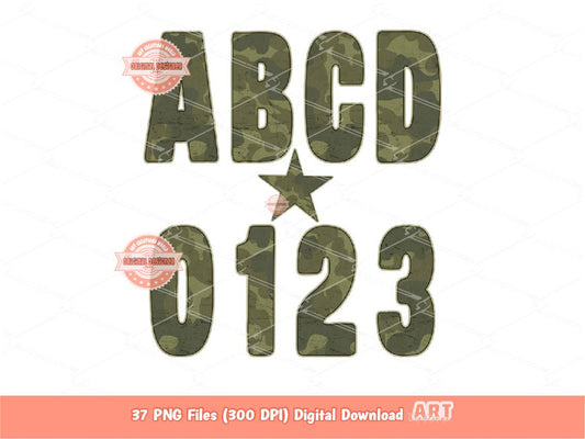 Retro Camo Alphabet PNG: Hunting Army Letters & Numbers Clipart (Digital Download)