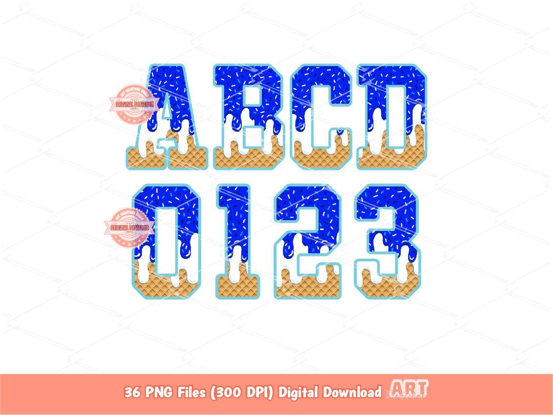 Drippy Varsity Alphabet PNG: Royal Blue White Letters & Numbers Clipart (Digital Download)