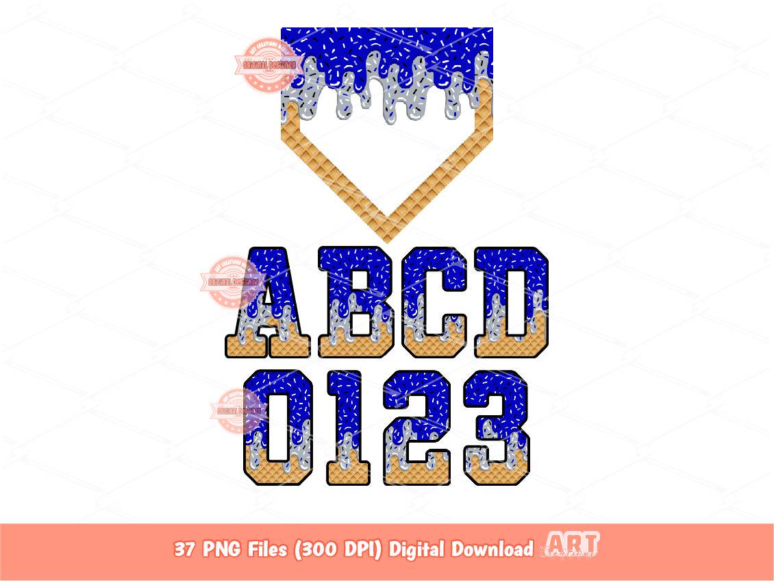 Drippy Varsity Alphabet PNG Bundle, Royal Blue Grey Letters, Numbers, Home Plate clipart