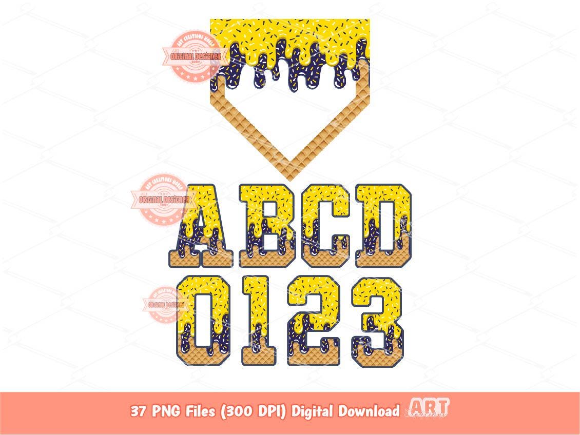 Drippy Sports Alphabet PNG Bundle: Yellow Navy Ice Cream Letters and Numbers (Digital Download)