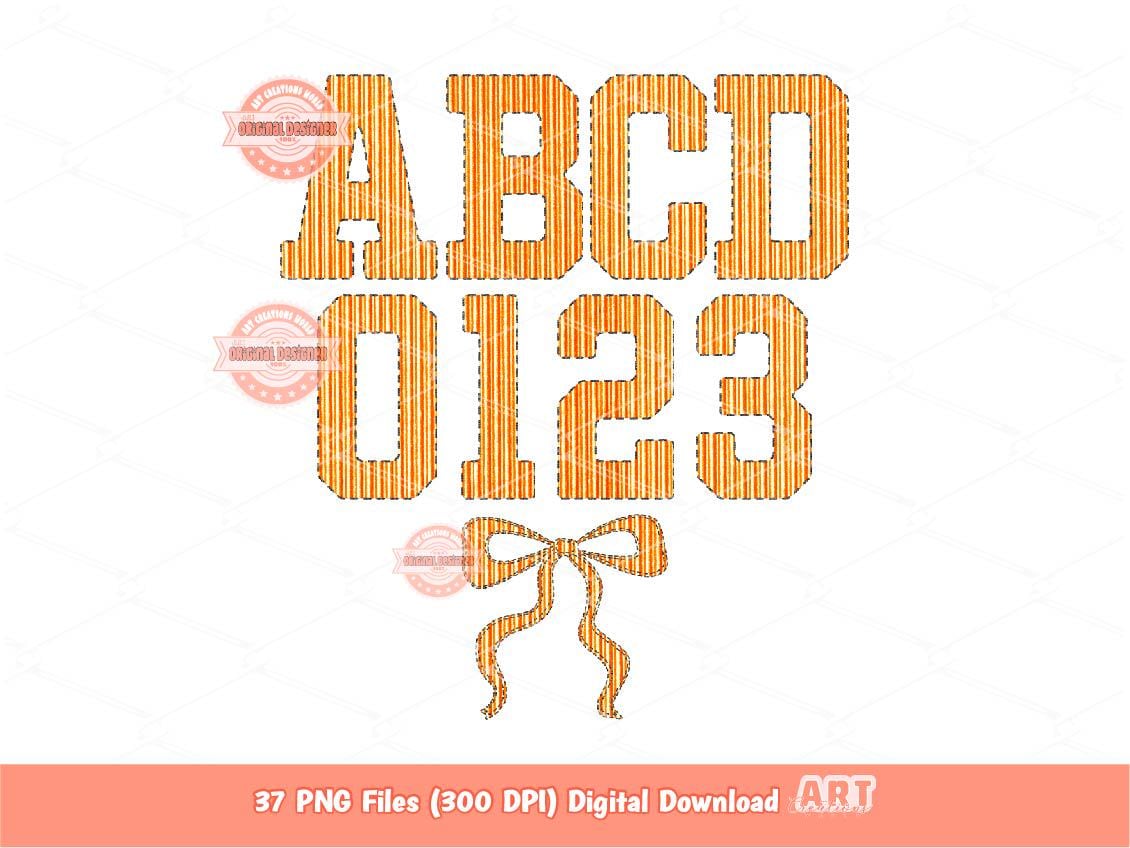 Seersucker Varsity Alphabet PNG, Orange Striped Letters & Numbers Clipart