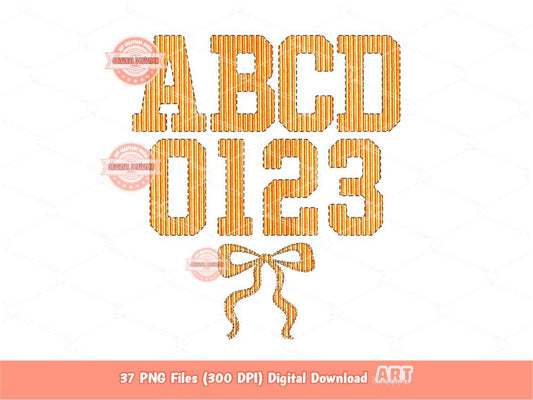 Seersucker Varsity Alphabet PNG, Orange Striped Letters & Numbers Clipart