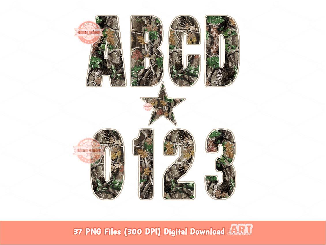 Forest Camo Alphabet PNG: Hunting Army Letters & Numbers Clipart (Digital Download)