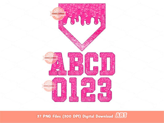 Pink Drippy Ice Cream Alphabet Home Plate PNG Bundle, Baseball Letters & Numbers Clipart (Digital Download)