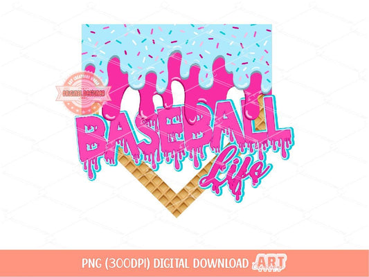 Baseball Life Drip PNG, Pink Blue Ice Cream Home Plate Sublimation shirt Design Download