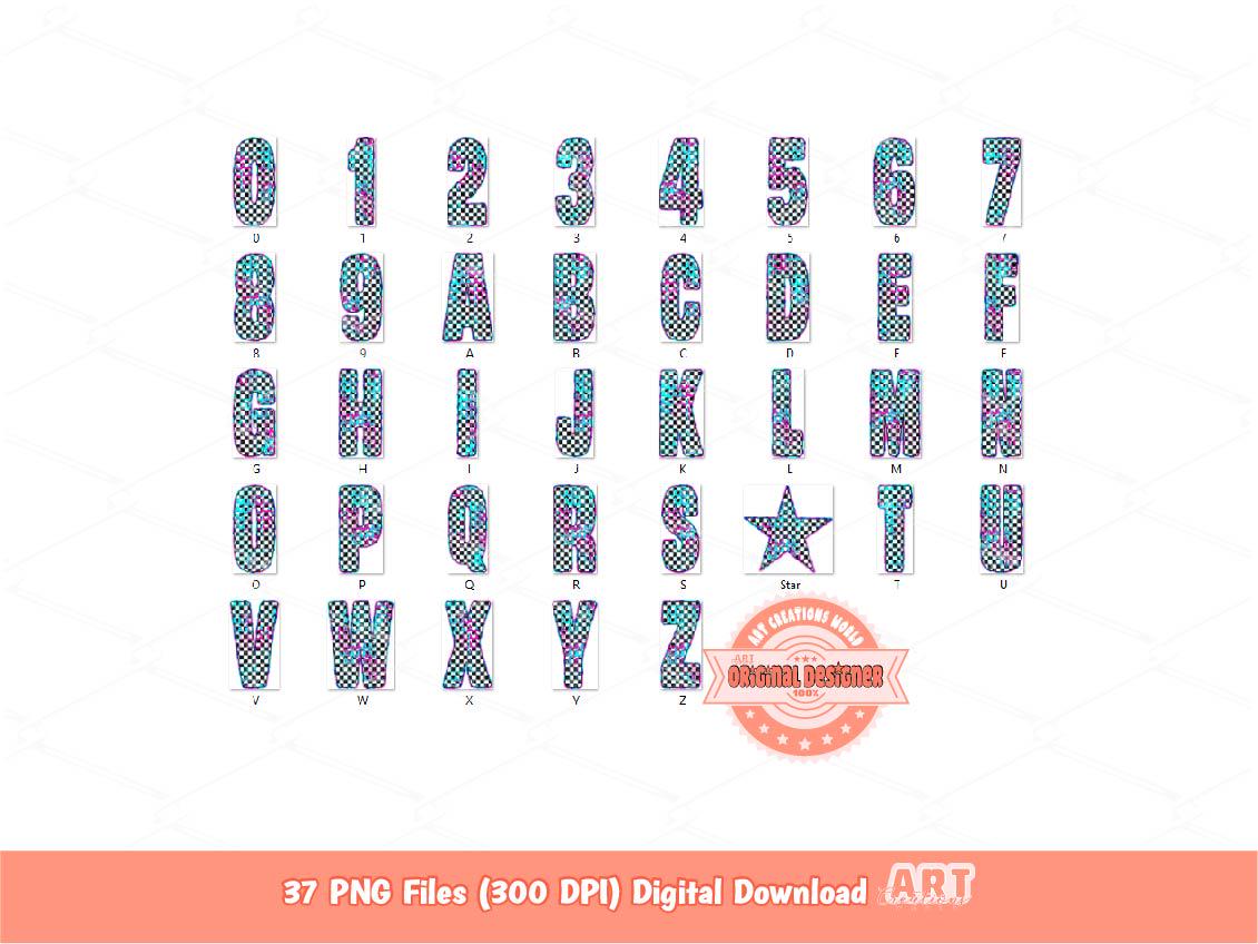 Bright Checkered Alphabet PNG, Grunge Checker Letters & Numbers Clipart (Digital Download)