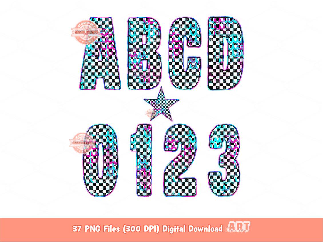 Bright Checkered Alphabet PNG, Grunge Checker Letters & Numbers Clipart (Digital Download)