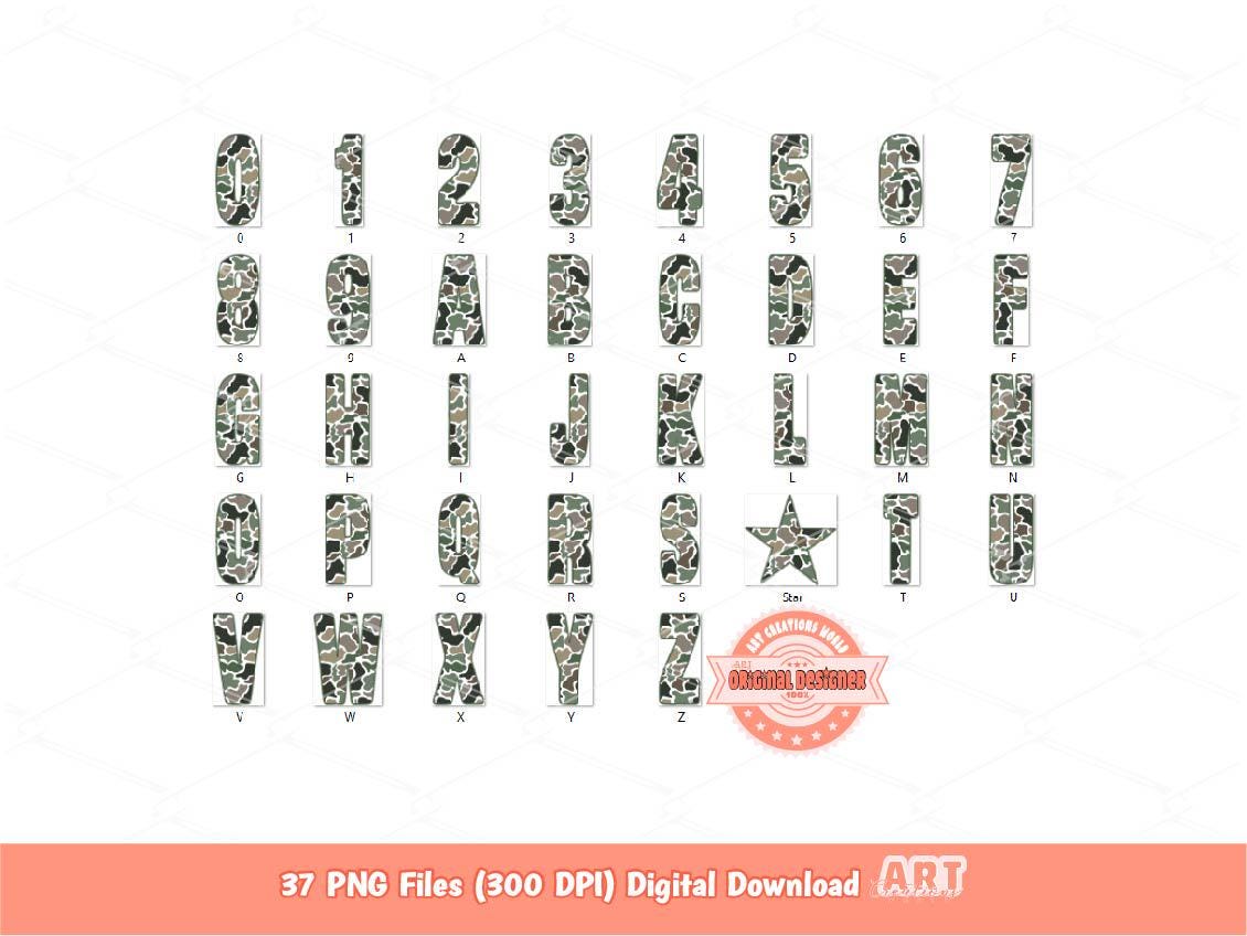 Camo Alphabet PNG: Hunting Army Letters & Numbers Clipart (Digital Download)