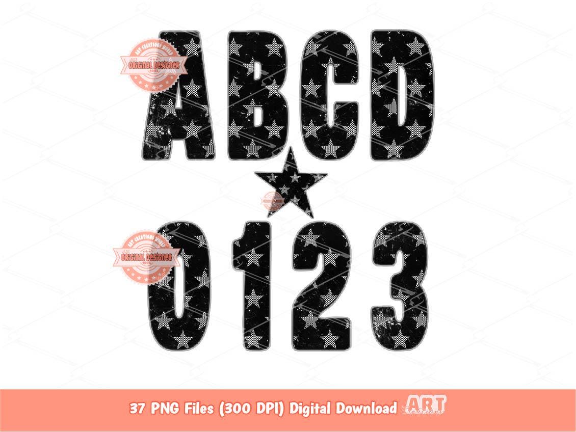 Checkered Star Alphabet PNG, Grunge Checker Letters & Numbers Clipart (Digital Download)