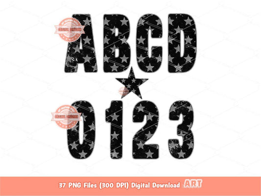 Checkered Star Alphabet PNG, Grunge Checker Letters & Numbers Clipart (Digital Download)