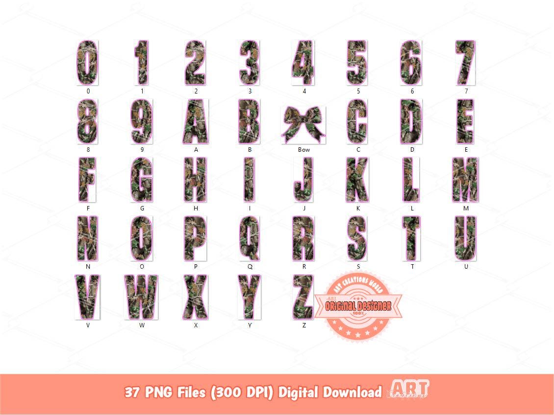 Forest Camo Alphabet PNG, Hunting Letters & Numbers Pink Outline Clipart (Digital Download)