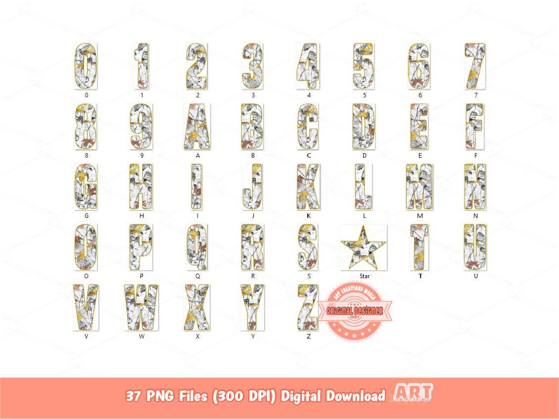 Winter Forest Camo Alpha PNG, Gray Yellow Hunting Army Letters & Numbers Clipart (Digital Download)