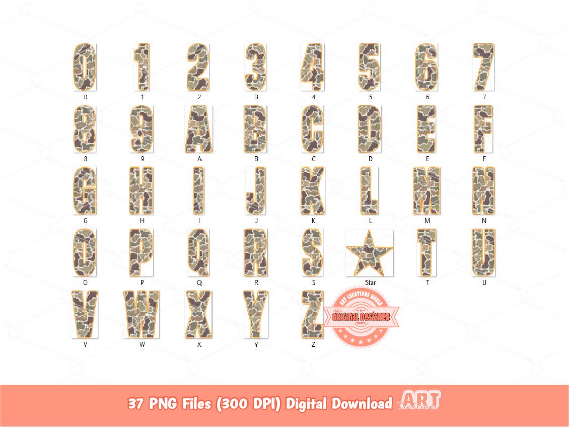 Grunge Camo Alphabet PNG: Hunting Army Letters & Numbers Orange Outline Clipart (Digital Download)