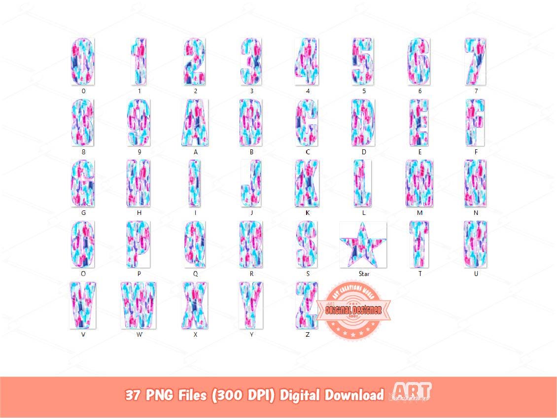 Bright Brushstroke Alphabet PNG, Preppy Letters & Numbers Clipart (Digital Download)