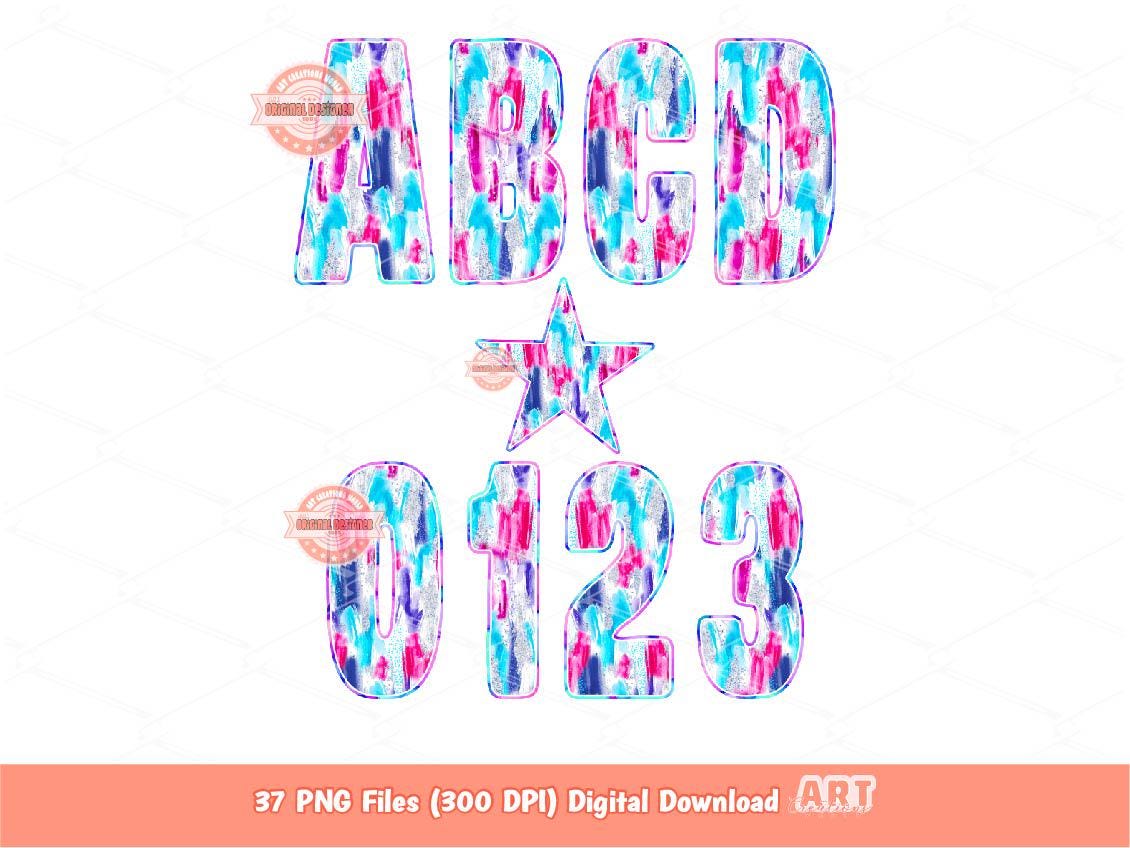 Bright Brushstroke Alphabet PNG, Preppy Letters & Numbers Clipart (Digital Download)