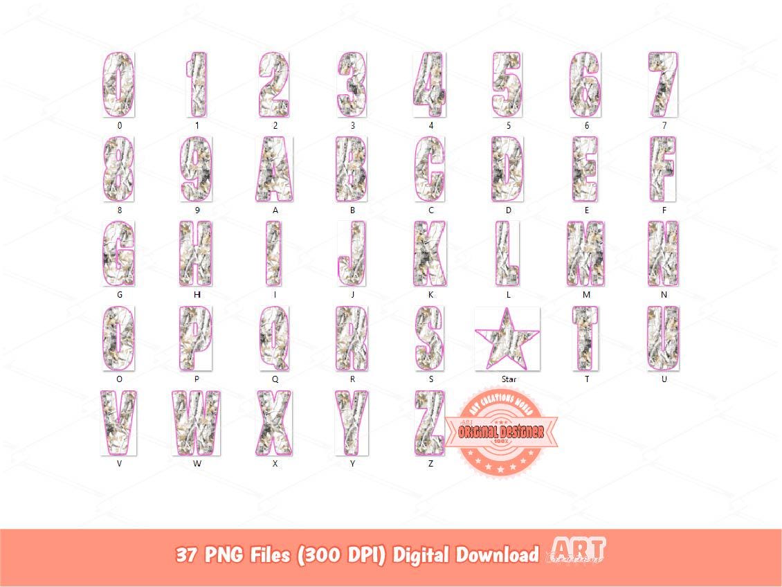 Winter Camo Alphabet PNG, Pink & Gray Hunting Letters and Numbers Clipart (Digital Download)