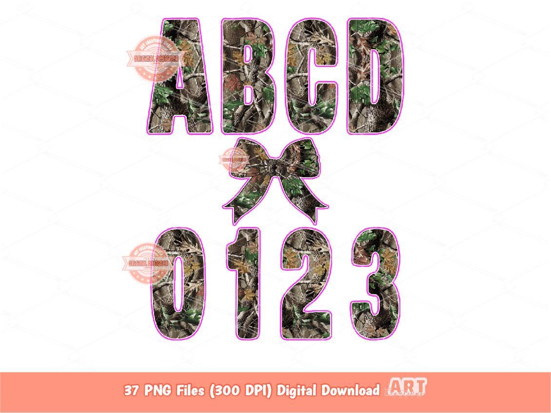 Forest Camo Alphabet PNG: Hunting Army Letters & Numbers Pink Outline Clipart (Digital Download)