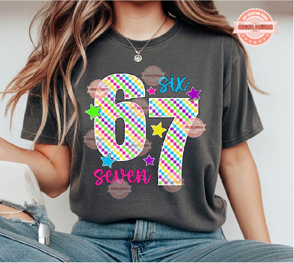 Six Seven PNG, Funny Meme 6 7 Bright Checkered Sublimation Shirt Design Digital Download