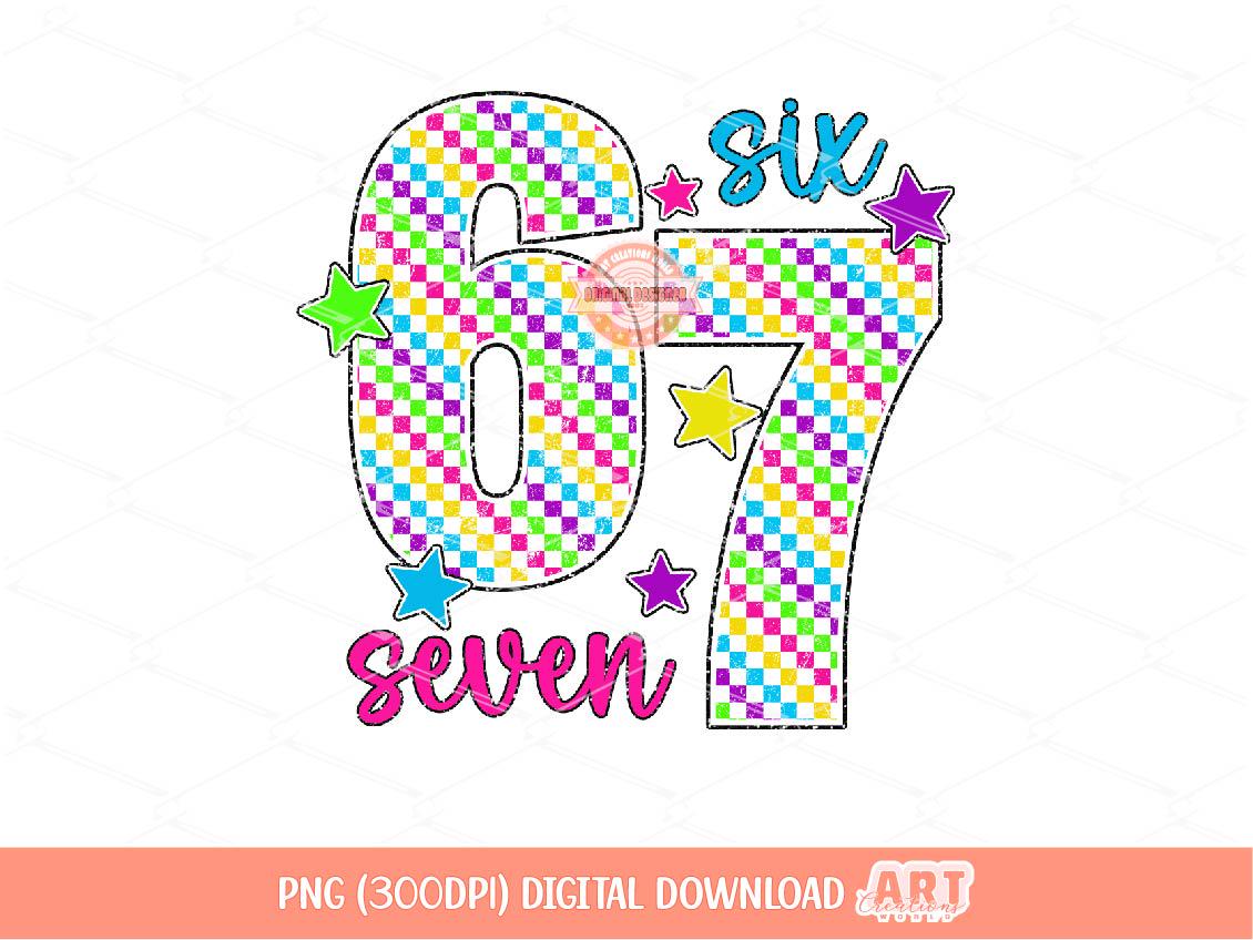 Six Seven PNG, Funny Meme 6 7 Bright Checkered Sublimation Shirt Design Digital Download