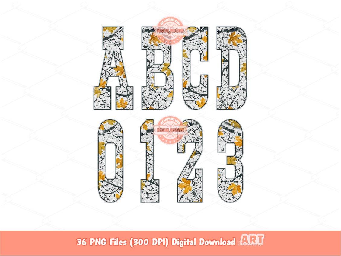 Gray Winter Camo Alphabet PNG: Hunting Army Western Letters & Numbers Clipart (Digital Download)