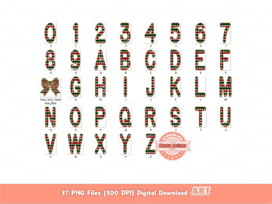 Faux Yarn Christmas Alphabet PNG, Red Green Knitted Letters & Numbers Clipart (Digital Download)