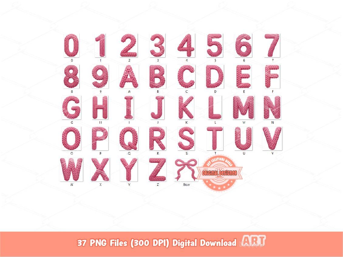 Faux Yarn Pink Alphabet PNG, Coquette Crochet Letters & Numbers Clipart (Digital Download)