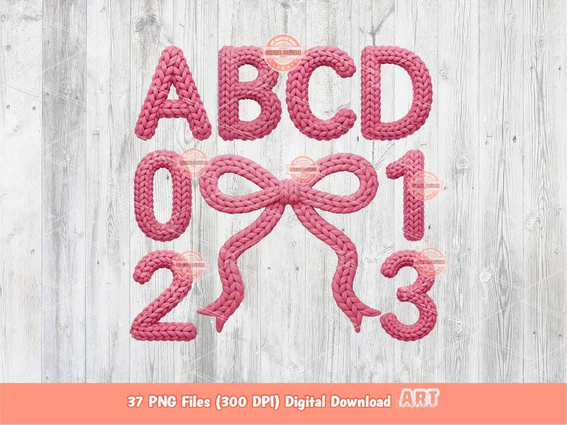Faux Yarn Pink Alphabet PNG, Coquette Crochet Letters & Numbers Clipart (Digital Download)