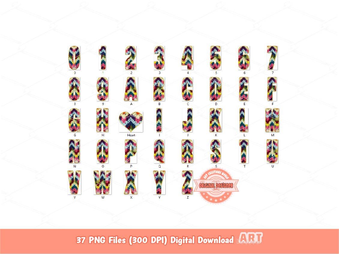 Faux Yarn Alphabet PNG: Colorful Chevron Crochet Letters & Numbers Clipart (Digital Download)