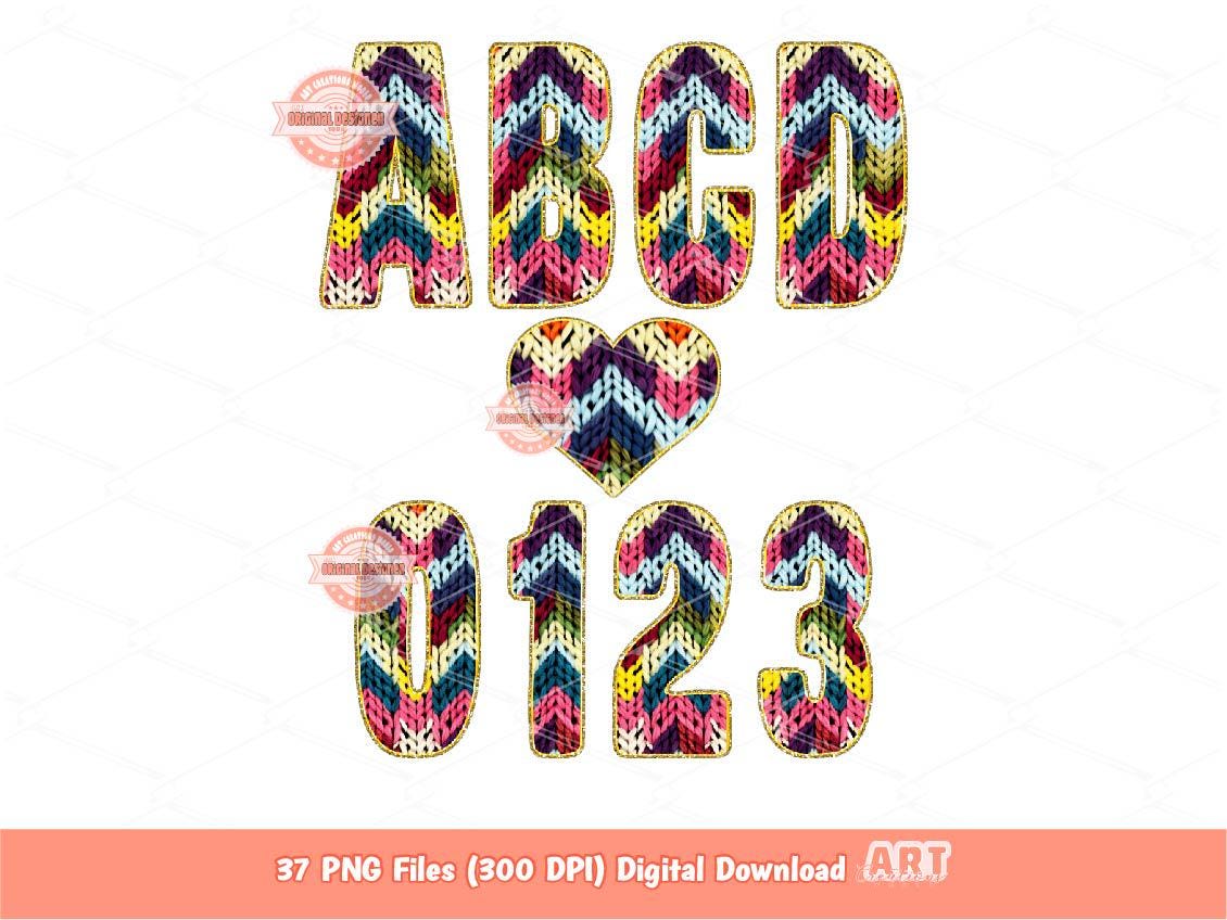 Faux Yarn Alphabet PNG: Colorful Chevron Crochet Letters & Numbers Clipart (Digital Download)